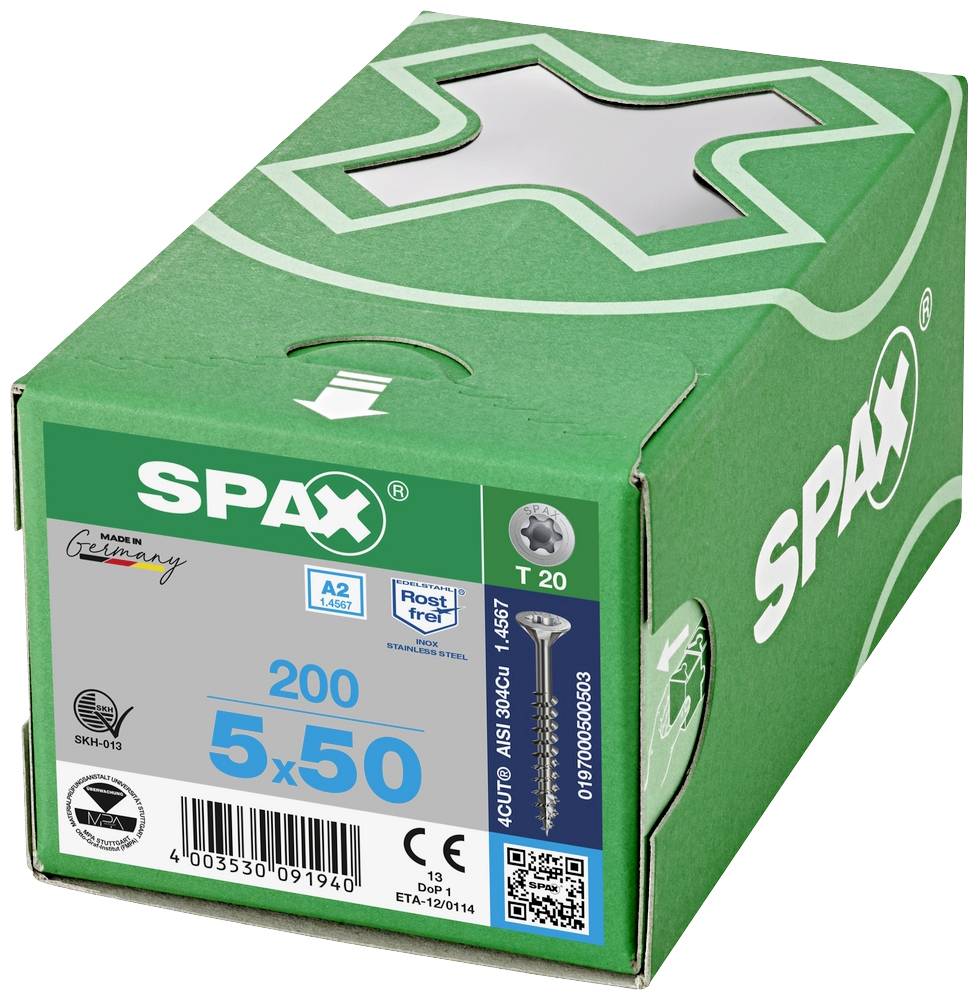 Grüne SPAX-Schachtel mit Kreuzschlitz, enthält 200 Schrauben 5x50 mm, rostfrei, A2 Qualität, hergestellt in Deutschland.