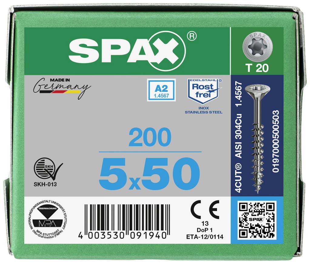 Grüne Verpackung SPAX-Schrauben, Größe 5x50 mm, 200 Stück. Edelstahl, rostfrei, mit T20 Antrieb. Made in Germany.
