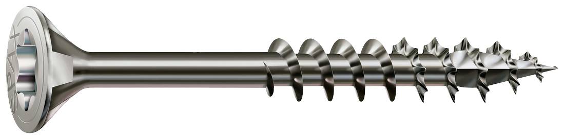 Eine metallische Schraube mit scharfem Gewinde und flachem Kopf, geeignet für Holz- oder Metallverbindungen.