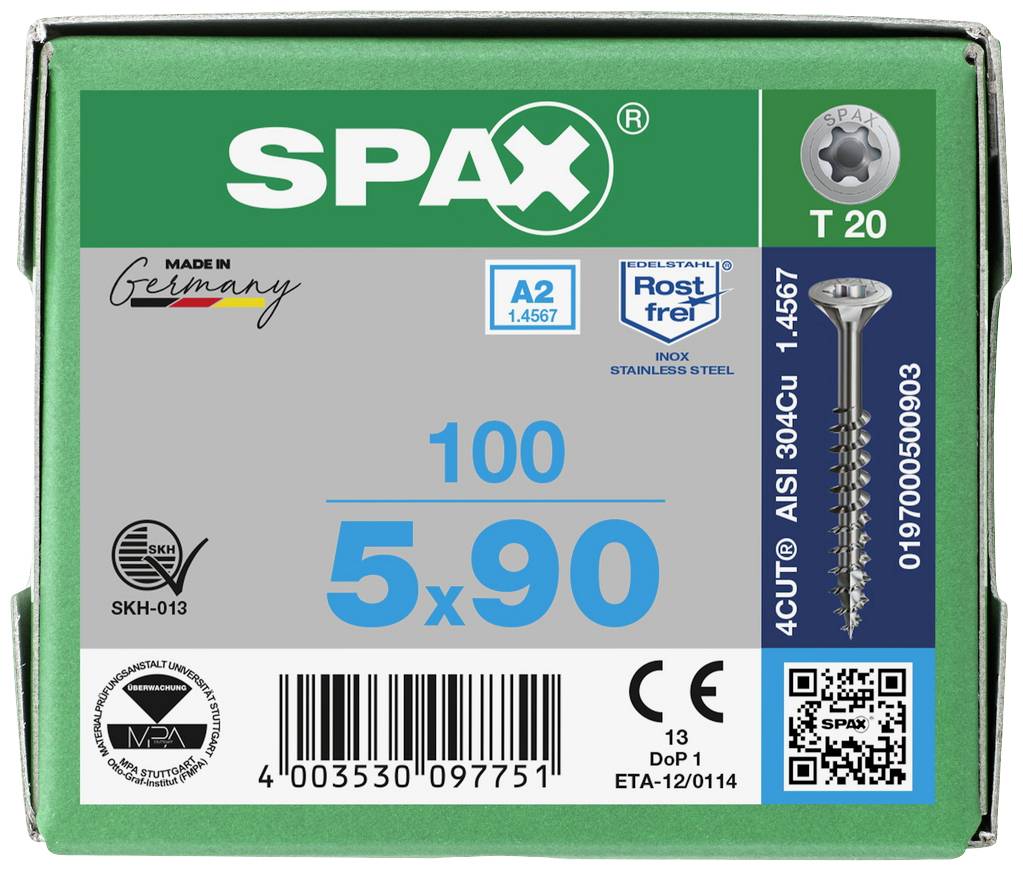 Verpackung für SPAX-Schrauben: Größe 5x90 mm, 100 Stück. Mit QR-Code, rostfreiem Edelstahl A2, QR-Code und Zertifizierungssiegeln.