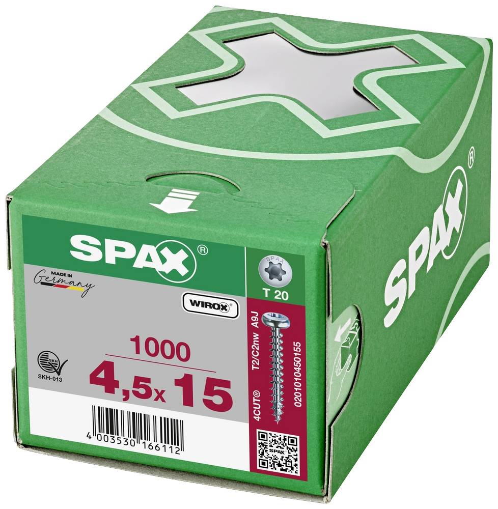 Grüne Schachtel mit der Aufschrift 'SPAX', enthält 1000 Schrauben der Größe 4,5 x 15 mm, Werkzeugtyp T20, Herkunftsland Deutschland.