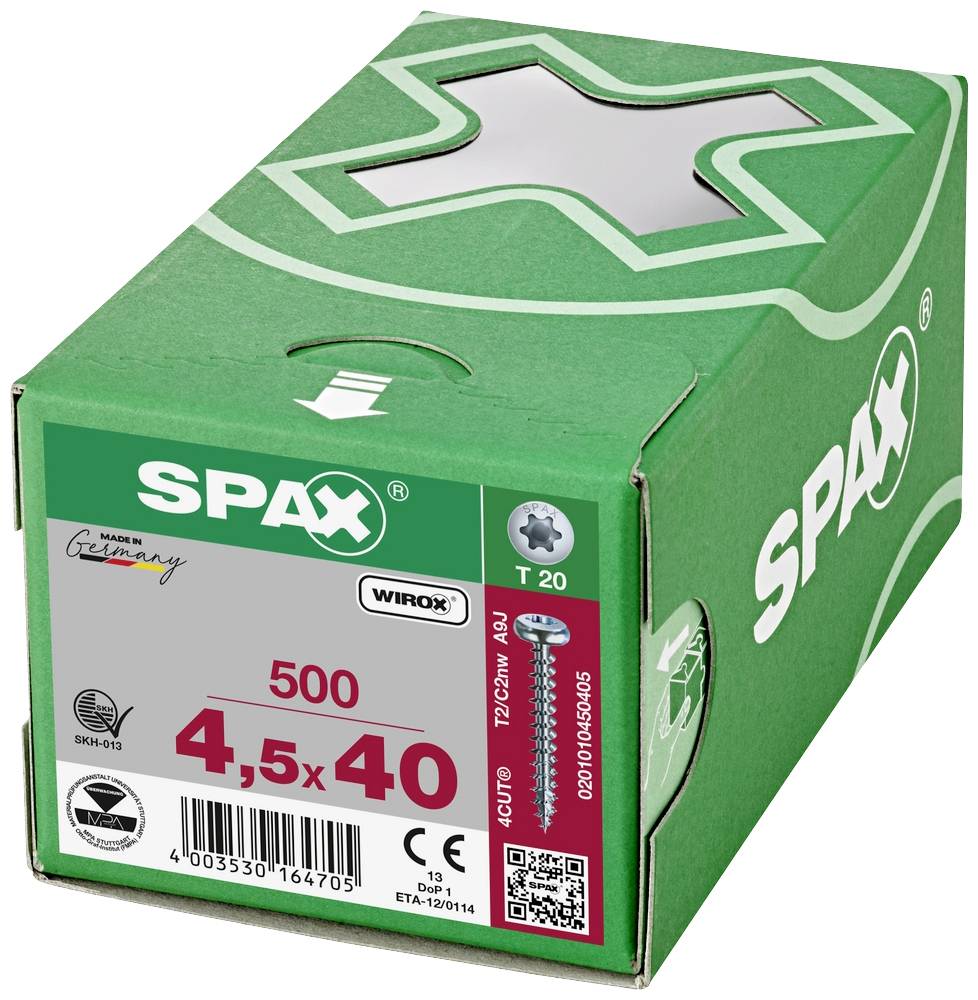 Eine grüne Box von SPAX mit 500 Schrauben der Größe 4,5 x 40 mm, hergestellt in Deutschland. Verwendbar mit T20 Torx.