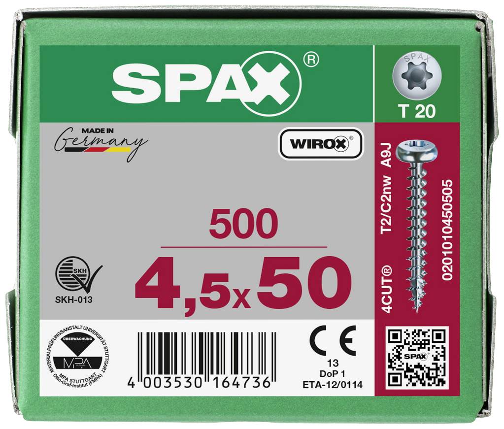 Verpackung mit 500 SPAX-Schrauben, Größe 4,5x50 mm, T20-Torx, WIROX-beschichtet. Geeignet für Holzbau, präsentiert mit Zertifizierungen und QR-Code.