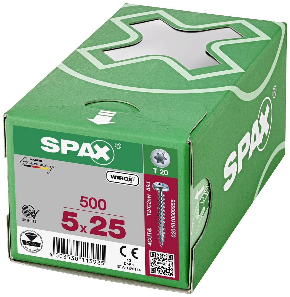 Grüne Schachtel mit 500 Schrauben der Marke Spax, Größe 5x25 mm. Made in Germany.