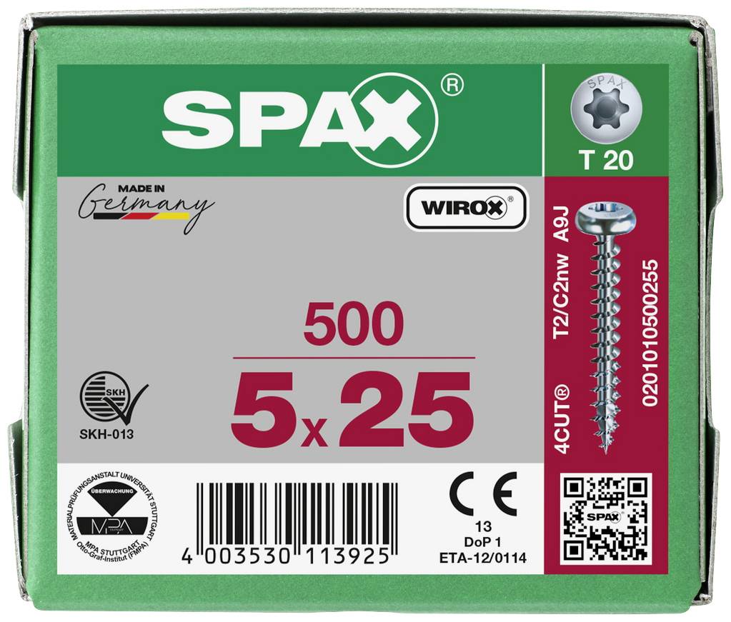 Verpackung einer Schraubenbox der Marke Spax. Enthält 500 Schrauben, Größe 5x25, hergestellt in Deutschland. EAN und QR-Code abgebildet.