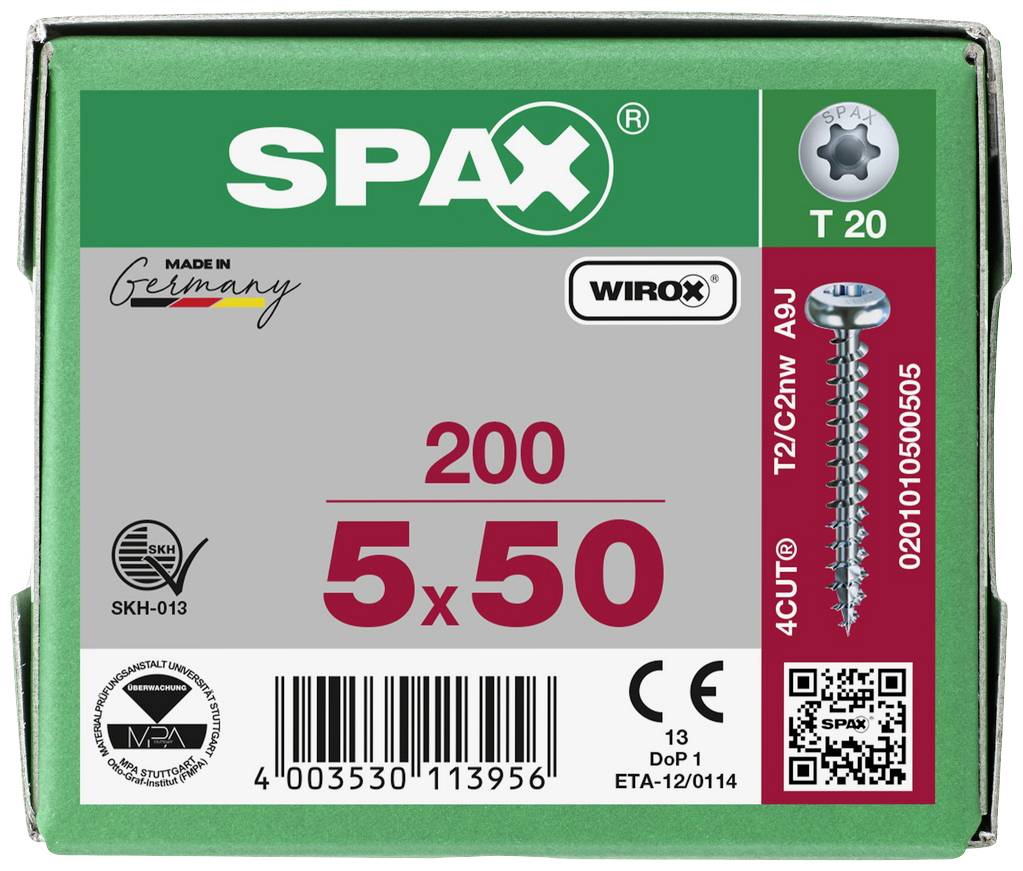 'SPAX 200 Schrauben 5x50 mm, T20, Wirox-Beschichtung, hergestellt in Deutschland, mit 4CUT-Technologie, EAN 4003530113956.'
