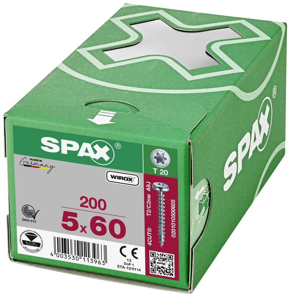 Eine grüne SPAX-Verpackung mit der Aufschrift '200 5x60', zeigt eine Kreuzschlitzschraube. Made in Germany.