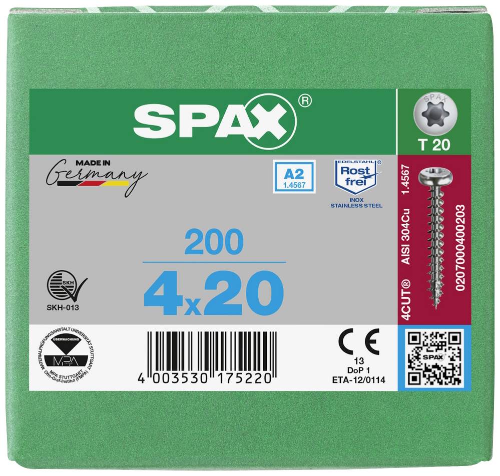 Schachtel mit 200 Spax-Schrauben, 4x20 mm, aus rostfreiem Edelstahl. Enthält QR-Code und Infos zu Herstellerqualität aus Deutschland.