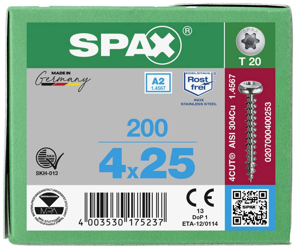 SPAX Schraubenverpackung: 200 Stück, 4x25 mm, aus rostfreiem Edelstahl A2. Enthält QR-Code und CE-Kennzeichnung.