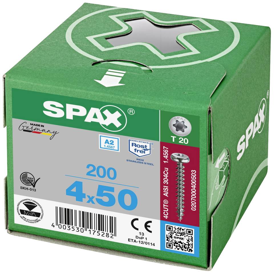 Eine grüne Schachtel mit 200 SPAX-Schrauben der Größe 4x50 mm. Aufdruck: 'Made in Germany', 'Rostfrei', Torx-Antrieb T20.