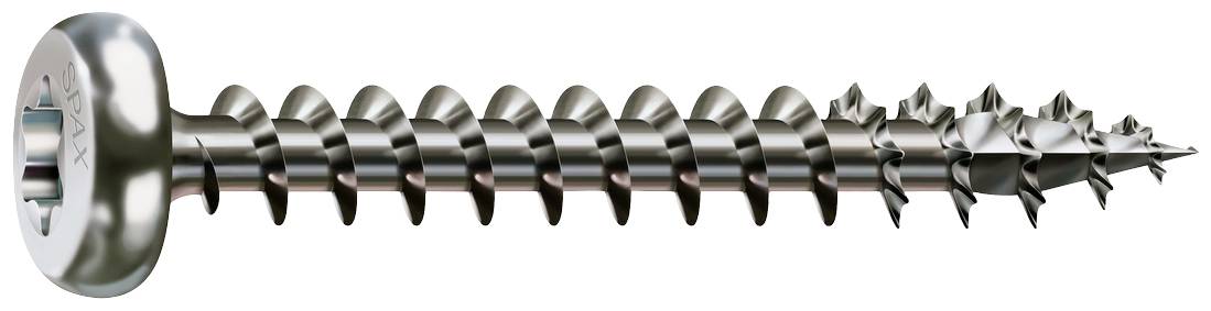 Eine Metallschraube mit flachem Kopf und scharfen Gewinden, die für das Befestigen von Materialien geeignet ist.