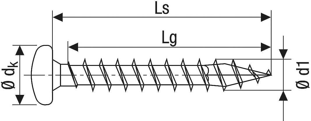 Diagramm einer Schraube mit Maßen: Gesamtlänge (Ls), Gewindelänge (Lg), Kopfdurchmesser (dk), Schaftdurchmesser (d1).
