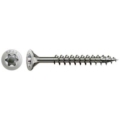 Ein silberfarbener Holzschraube mit Torx-Kopf. Auf dem Kopf ist 'SPAX' eingeprägt.