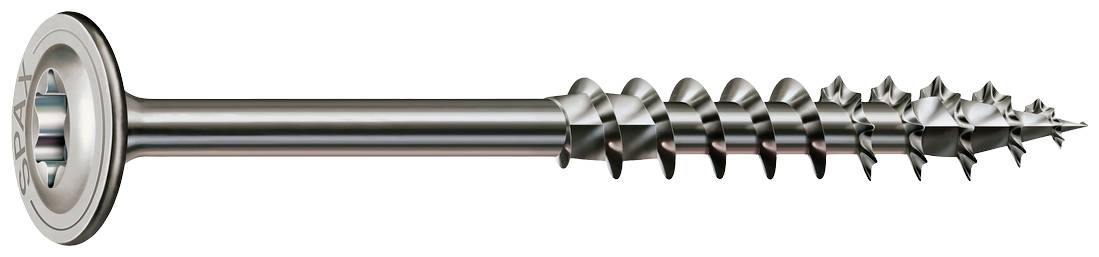 Metallschraube mit flachem Kopf und scharfem Gewinde, für Holz oder Metallverbindungen geeignet.