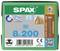 Die Verpackung zeigt SPAX-Schrauben, Größe 8x200 mm, rostfrei, mit T40-Antrieb. Enthält 50 Schrauben, geeignet für Holzverbindungen.