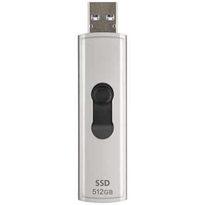 USB-Stick mit 512 GB Speicher, silbernes Gehäuse, schwarze Taste in der Mitte.