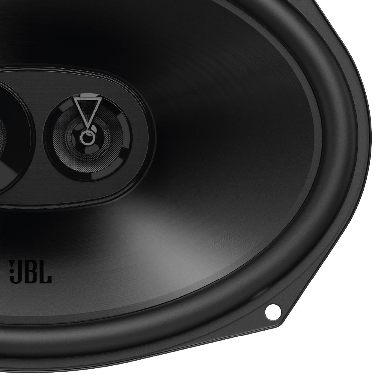 Ein schwarzer Lautsprecher mit ovaler Form und zwei sichtbaren Membranen. Das JBL-Logo ist unten links zu sehen.