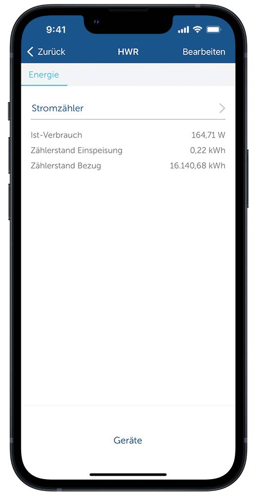 Smartphone-Display zeigt Energie-App mit 'Stromzähler'. Aktueller Verbrauch: 164,71 W, Zählerstand Einspeisung: 0,22 kWh, Bezug: 16.140,68 kWh.