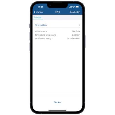 Smartphone-Display zeigt Energie-App mit 'Stromzähler'. Aktueller Verbrauch: 164,71 W, Zählerstand Einspeisung: 0,22 kWh, Bezug: 16.140,68 kWh.