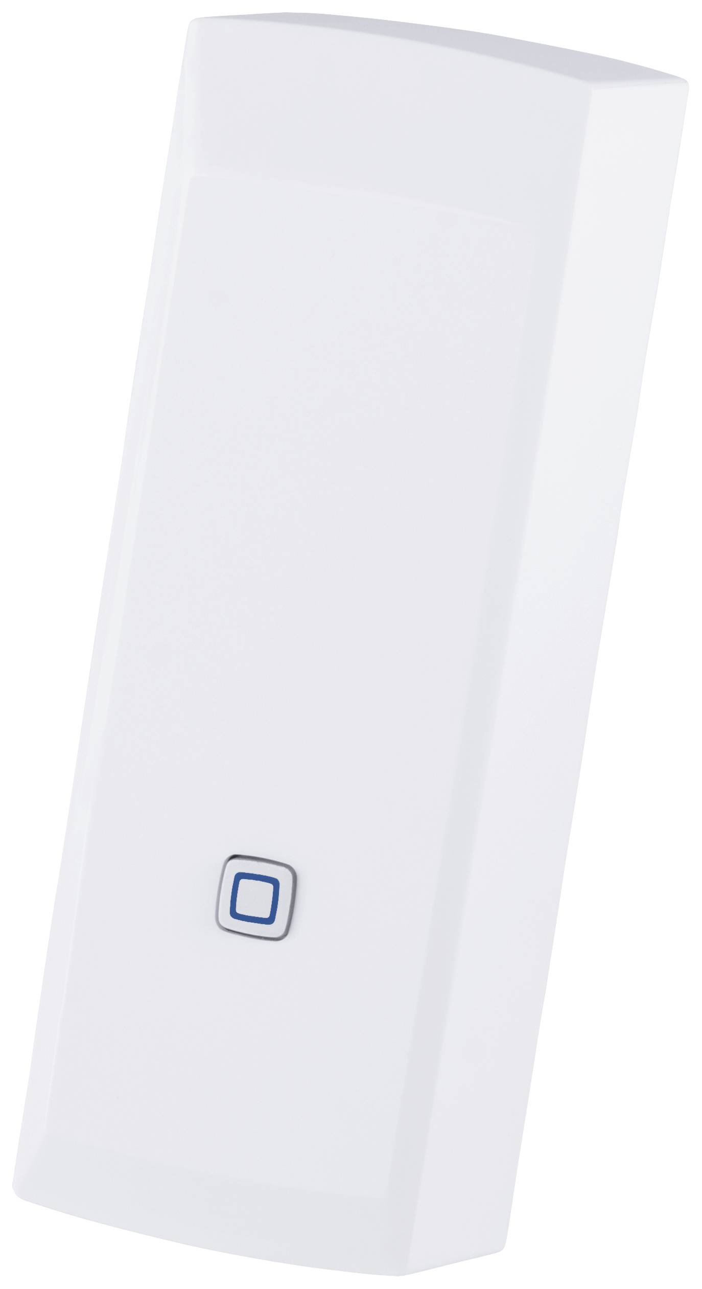 Weißes, rechteckiges WLAN-Gerät mit einem kleinen quadratischen Knopf in der Mitte.