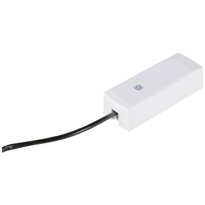 Weißes rechteckiges elektronisches Gerät mit einem schwarzen Kabel, wahrscheinlich ein Sensor oder Schaltgerät, auf weißem Hintergrund.