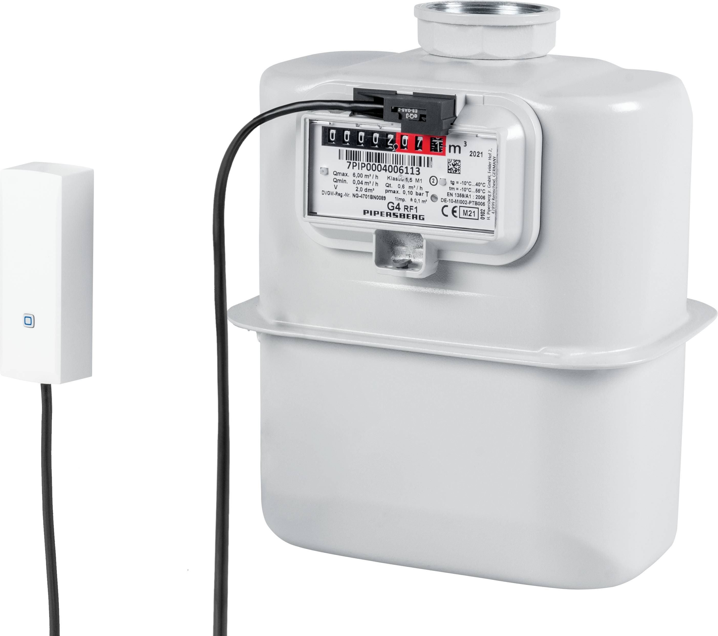 Gaszähler und digitales Lesegerät, verbunden durch ein Kabel. Der Gaszähler zeigt den Verbrauch in Kubikmetern an.