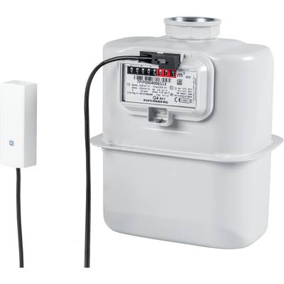Gaszähler und digitales Lesegerät, verbunden durch ein Kabel. Der Gaszähler zeigt den Verbrauch in Kubikmetern an.