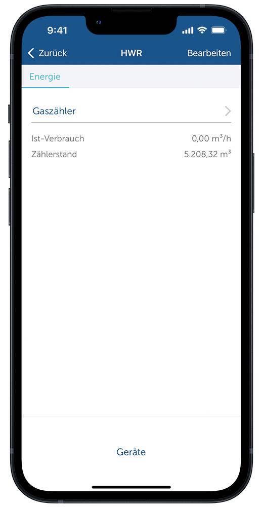 Smartphone-App-Bildschirm zeigt 'HWR' und 'Gaszähler'. Aktueller Verbrauch: 0,00 m³/h. Zählerstand: 5.208,32 m³. Optionen: Bearbeiten, Geräte.