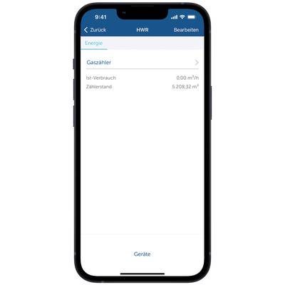 Smartphone-App-Bildschirm zeigt 'HWR' und 'Gaszähler'. Aktueller Verbrauch: 0,00 m³/h. Zählerstand: 5.208,32 m³. Optionen: Bearbeiten, Geräte.
