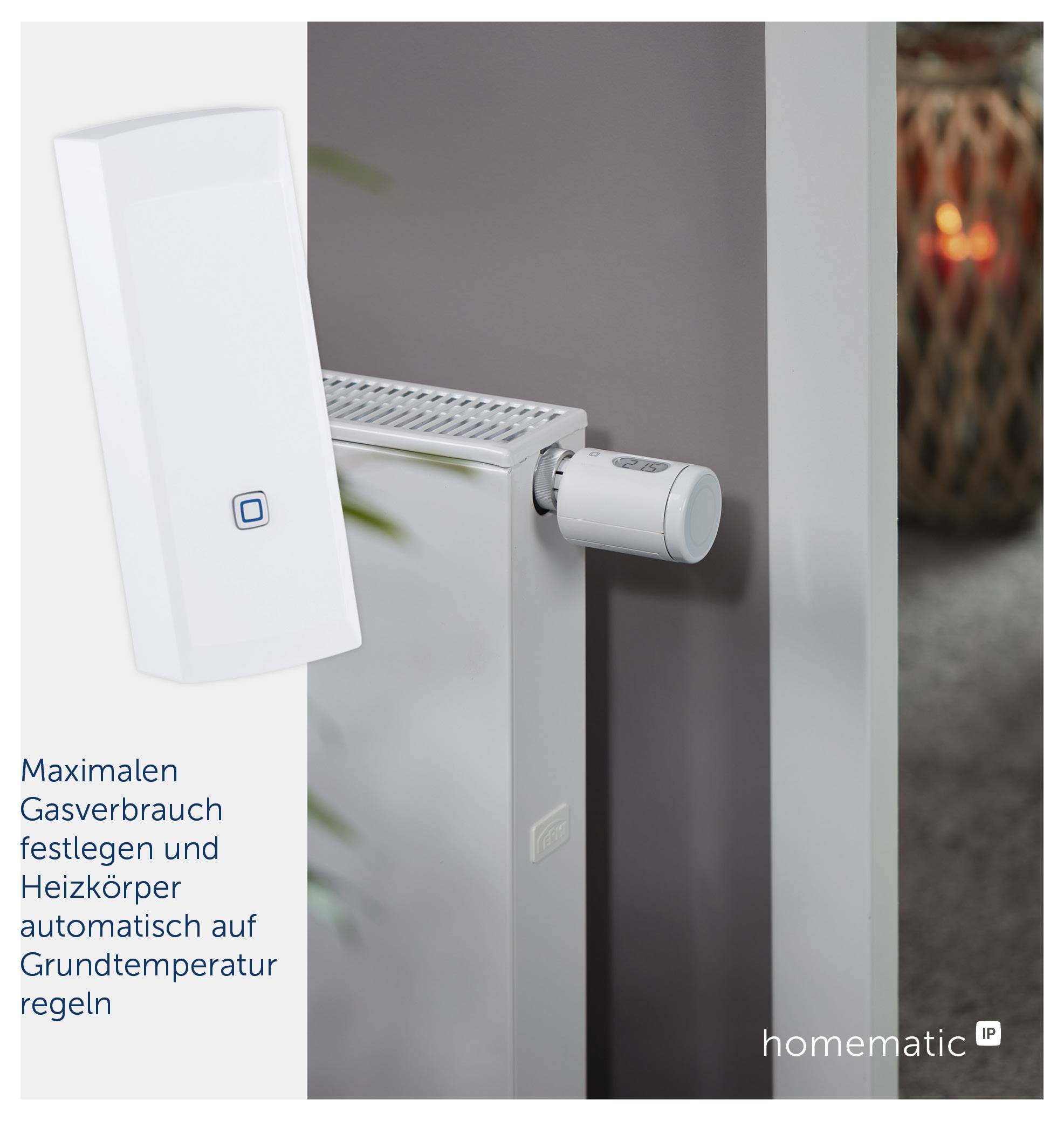 Smartes Heizungssteuergerät am Heizkörper; Text: 'Maximalen Gasverbrauch festlegen und Heizkörper automatisch auf Grundtemperatur regeln'.