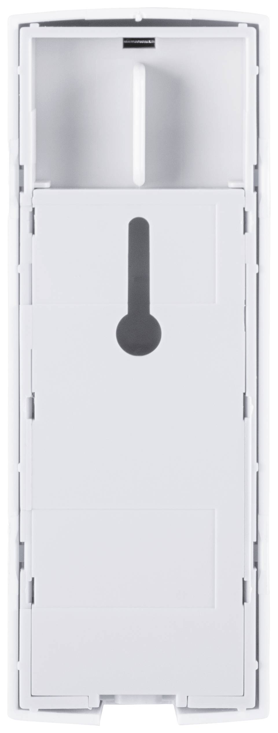 Ein weißer schmaler Kasten mit einem schmalen, vertikalen Sichtfenster in der Mitte, das zur Anzeige eines Inhalts dient.