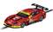 Rotes Modellauto im Rennsport-Design mit Aufklebern und Heckflügel auf einer Carrera-Bahn.