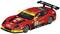 Ein rotes Rennspielzeugauto mit Ferrari-Logo und Werbeaufklebern auf der Karosserie. Es hat einen großen Heckspoiler.