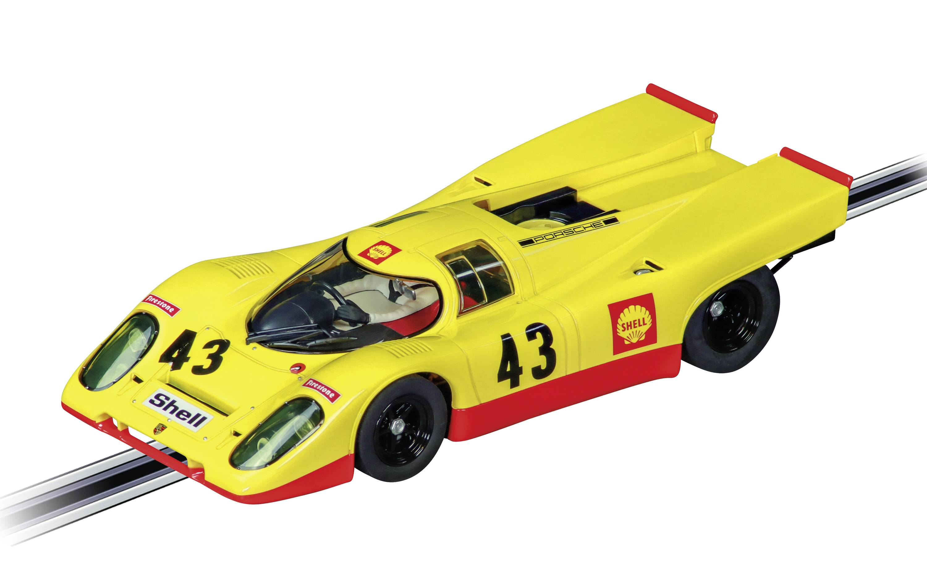 Gelbes Spielzeugauto im Retro-Rennwagenstil, mit der Nummer 43 und Shell-Logo, auf einer Spielzeugautorennbahn platziert.
