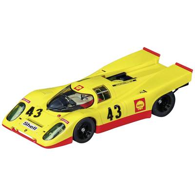 Gelbes Spielzeugauto mit der Nummer 43 und Shell-Logo auf der Seite, im Stil eines Rennwagens.