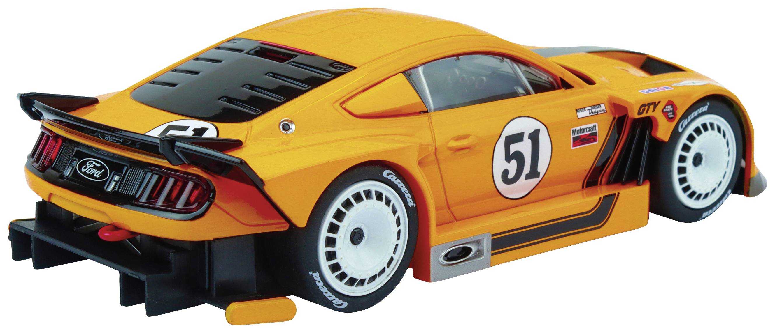 Ein orangefarbenes Spielzeugauto im Rennwagenstil mit der Nummer 51 auf der Seite. Es hat markante Details und sportliches Design.