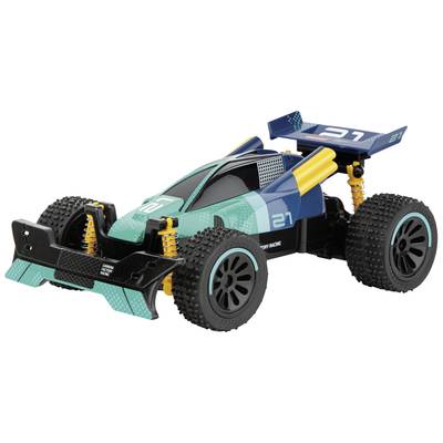 Ein ferngesteuertes Spielzeugauto mit robusten schwarzen Reifen und einem blauen, grünen Design mit der Nummer '21' auf der Motorhaube.