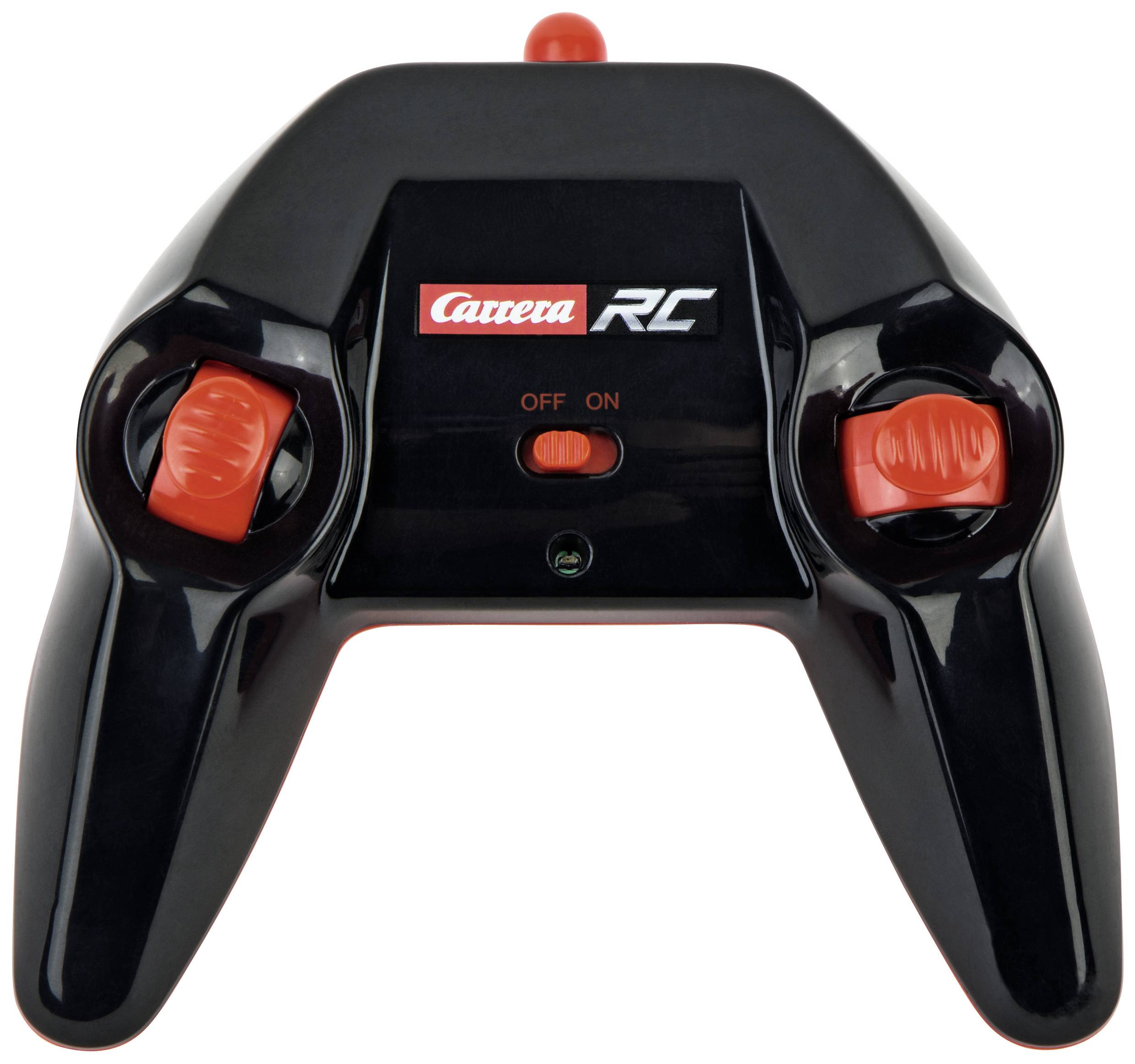 Schwarzer Carrera RC-Controller mit roten Joysticks und einem Schalter in der Mitte, beschriftet mit 'ON' und 'OFF'.