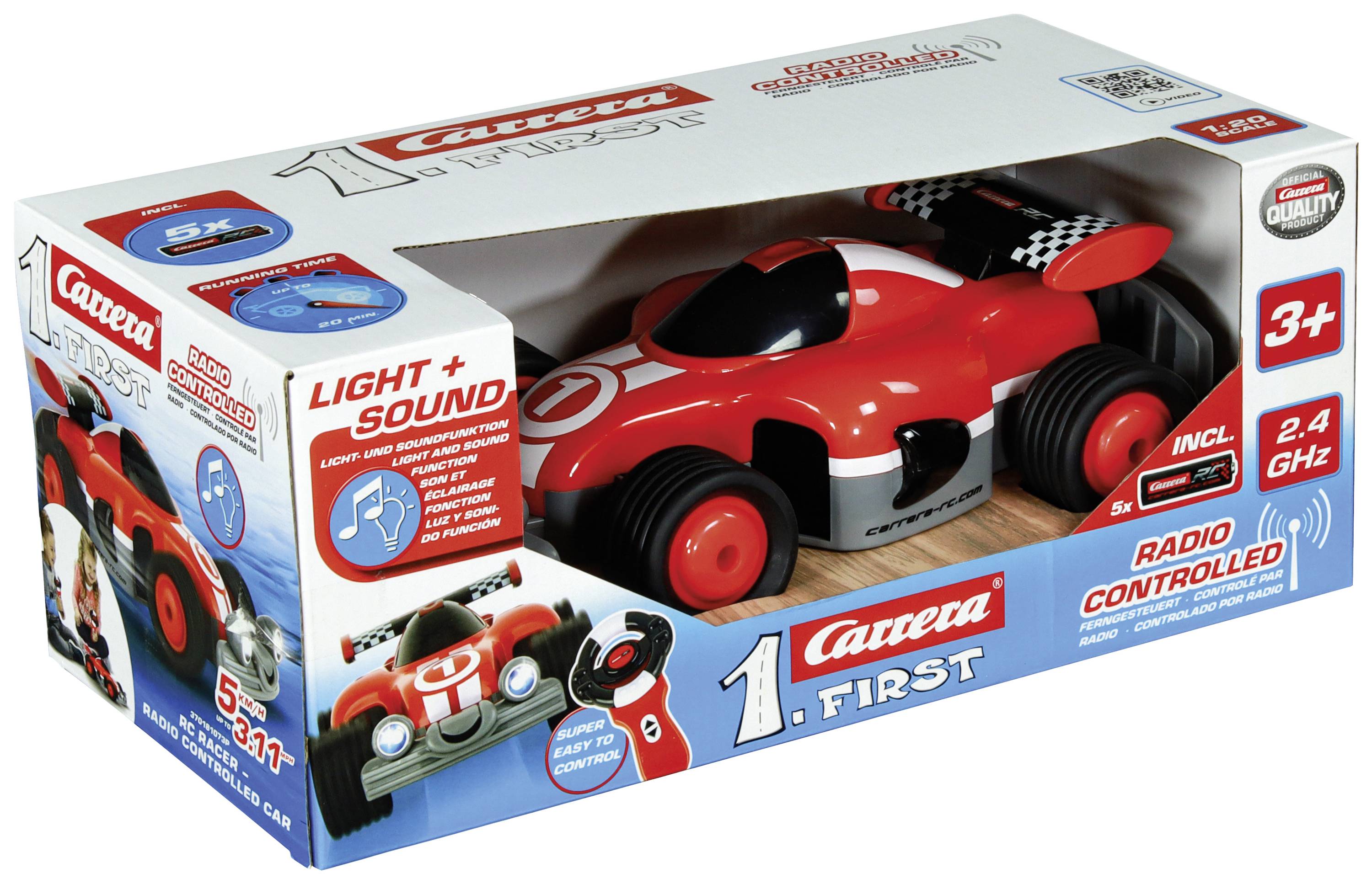 Rotes Carrera-Spielzeugauto in einer Verpackung, geeignet für Kinder ab 3 Jahren, mit Fernsteuerung, Licht und Soundeffekten.