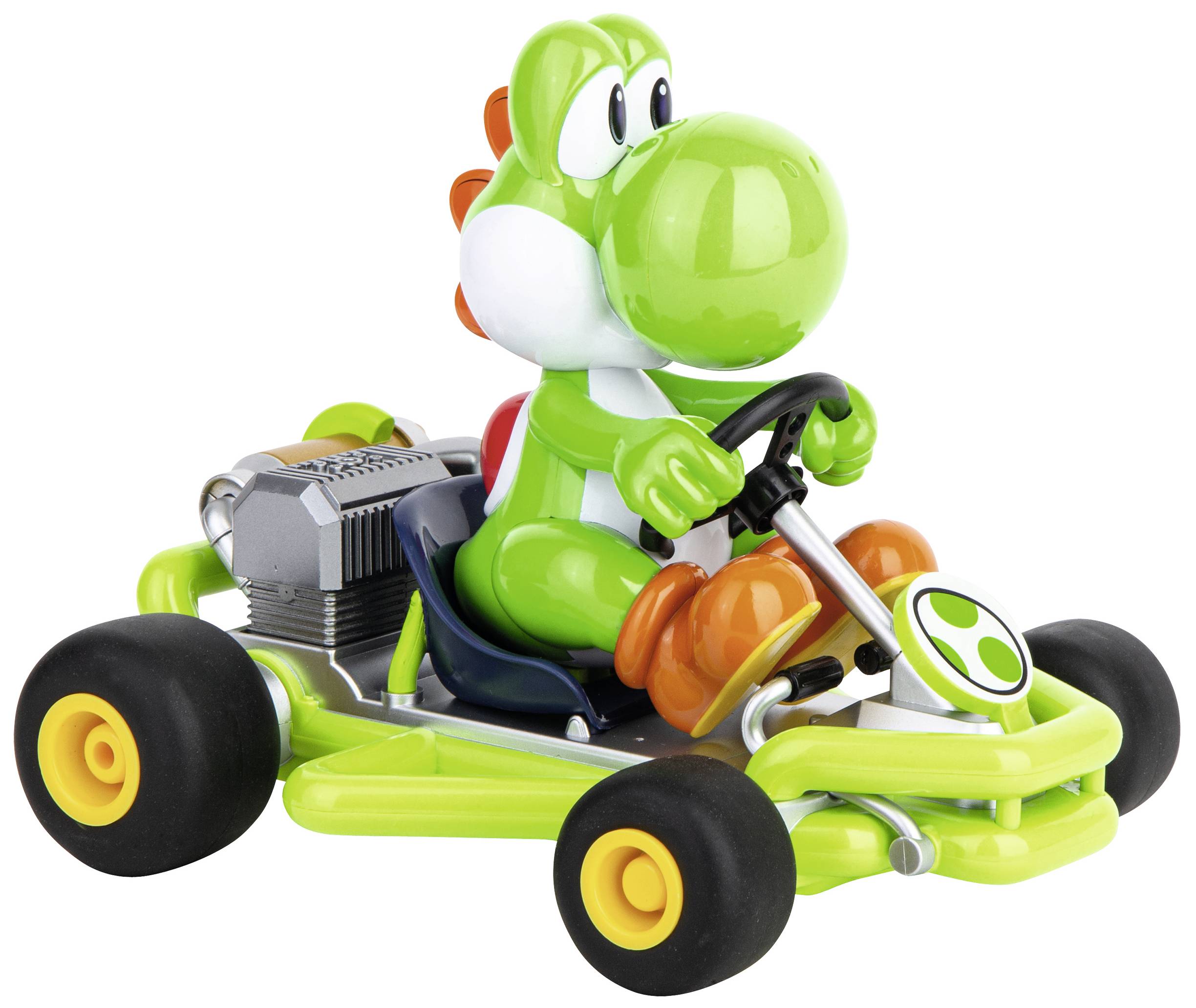 Ein grünes Cartoon-Dinosaurier-Spielzeug fährt in einem kleinen, grünen Go-Kart mit schwarzen Reifen und einem Motor hinten.