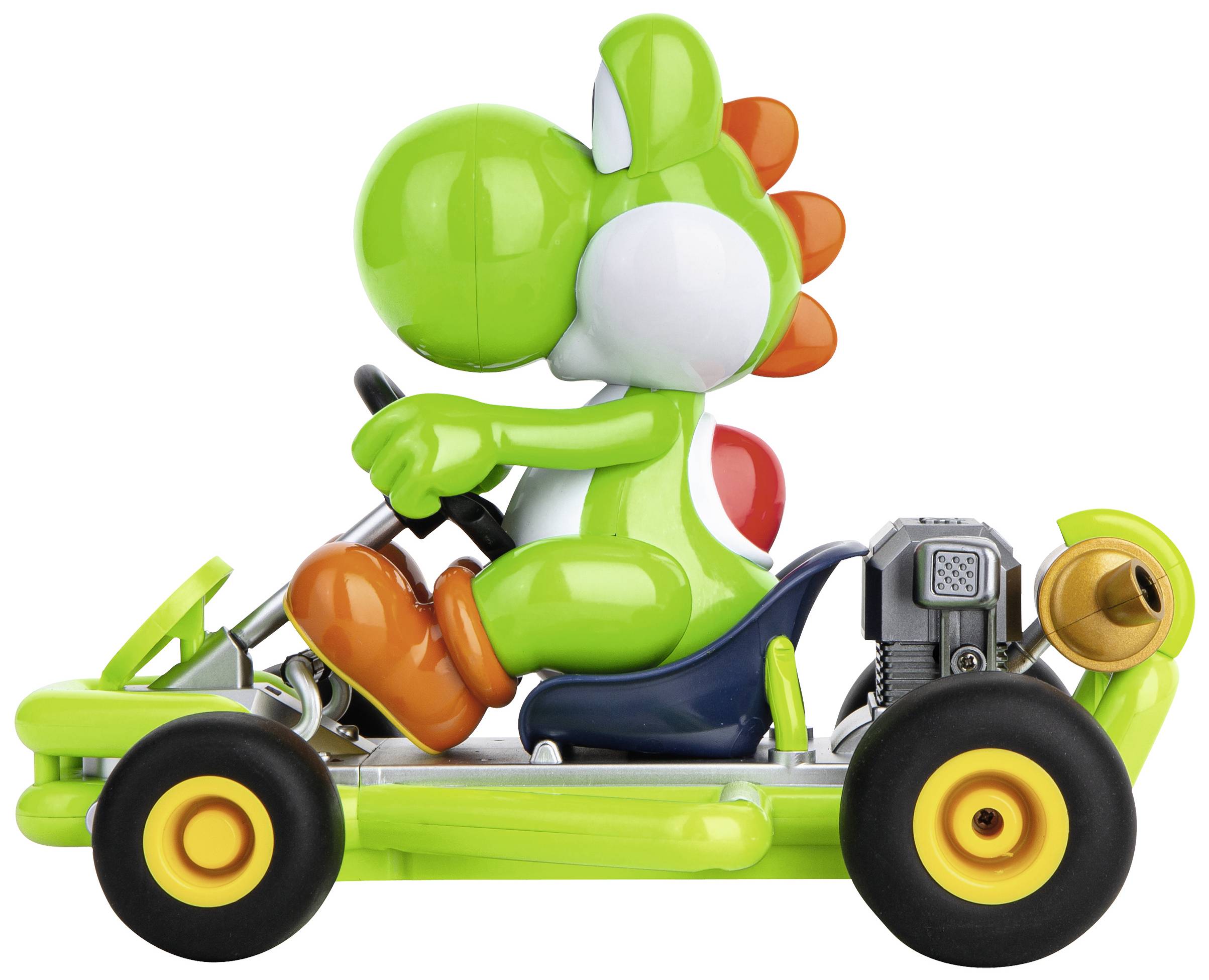 Ein grünes, cartoonartiges Wesen sitzt in einem kleinen Kart und hält das Lenkrad. Fahrzeug aufrecht, bunte Details sichtbar.