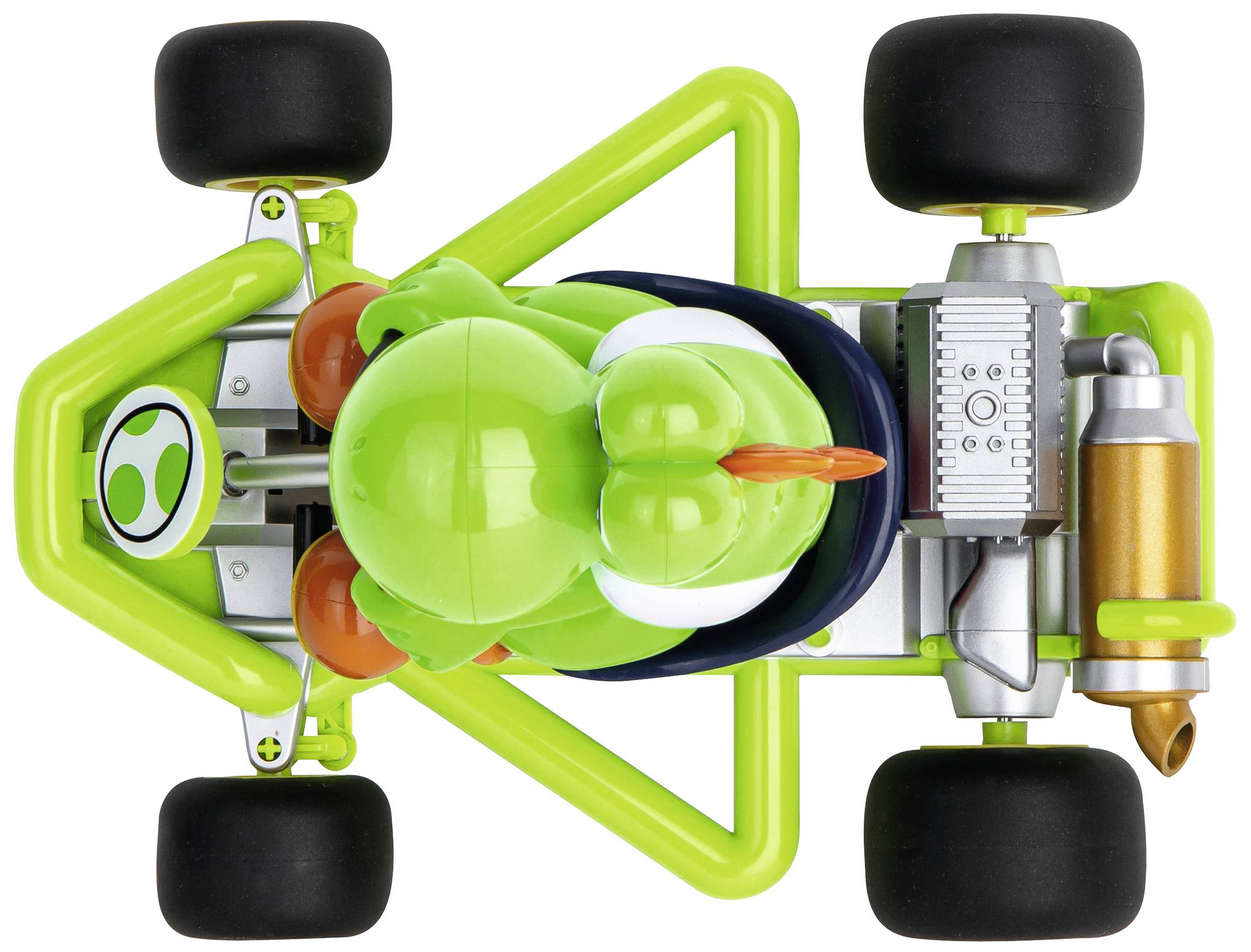 Ein grünes Spielzeug-Kart mit schwarzem Reifen, gesehen von oben. Fahrer ist eine grüne Figur, fokussiert auf ein Rennen.