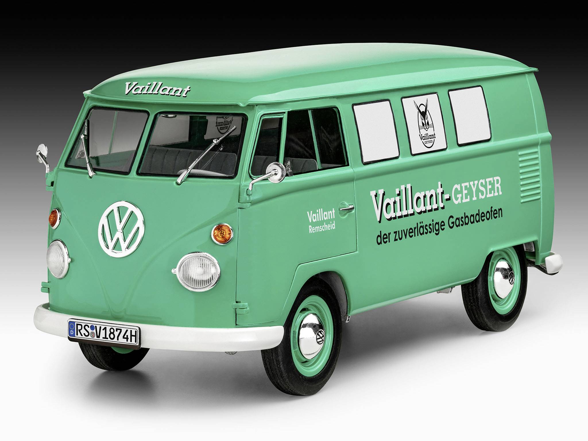'Ein grüner VW-Bus mit Vaillant-Werbung aus der Retro-Ära, zeigt Markennamen und Logo von Vaillant, ein Unternehmen für Gasbadeöfen.'