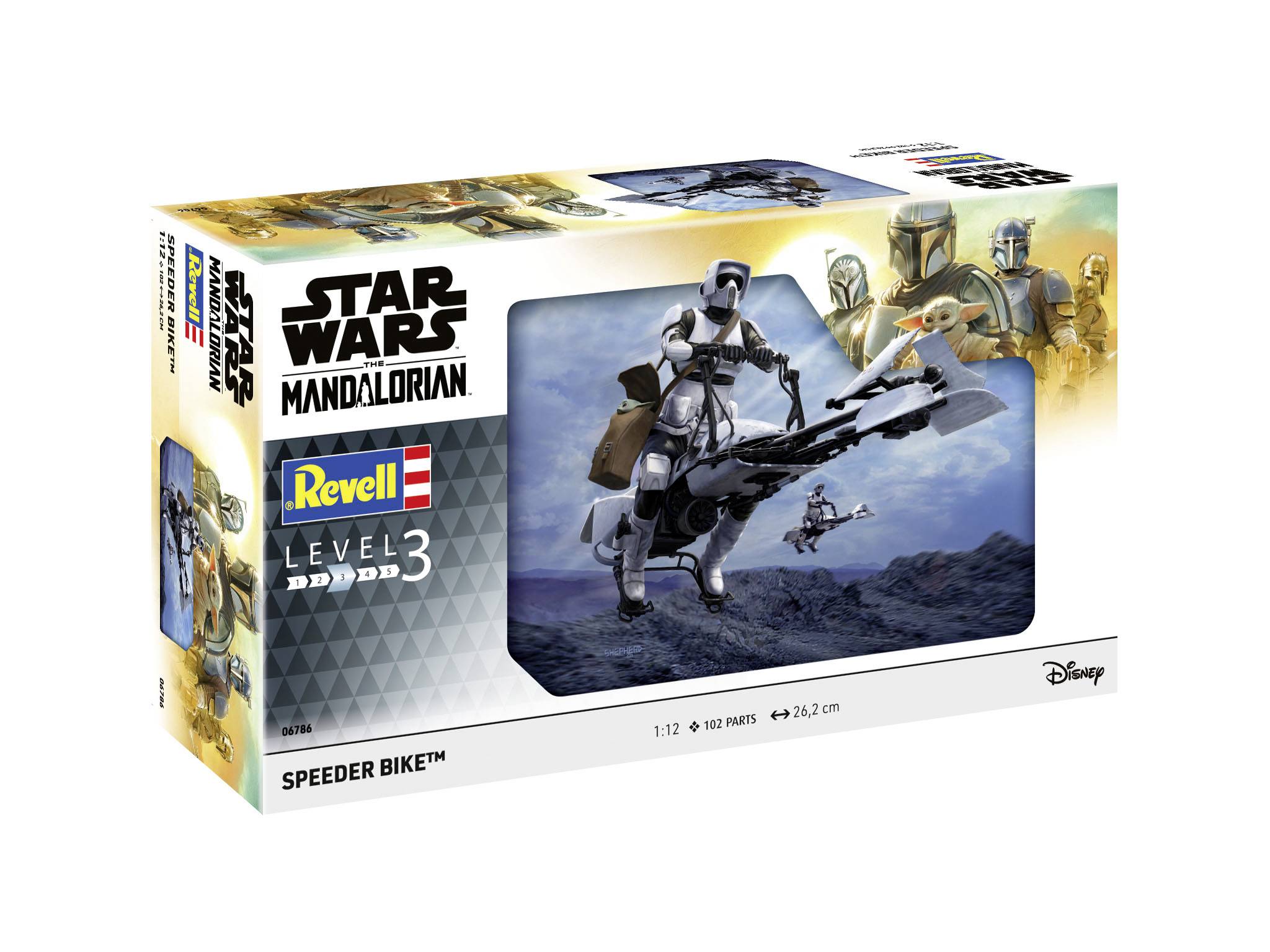Star Wars Mandalorian Modellbausatz von Revell, Level 3. Zeigt einen Speeder Bike mit Fahrer in einer fantasievollen Landschaft.
