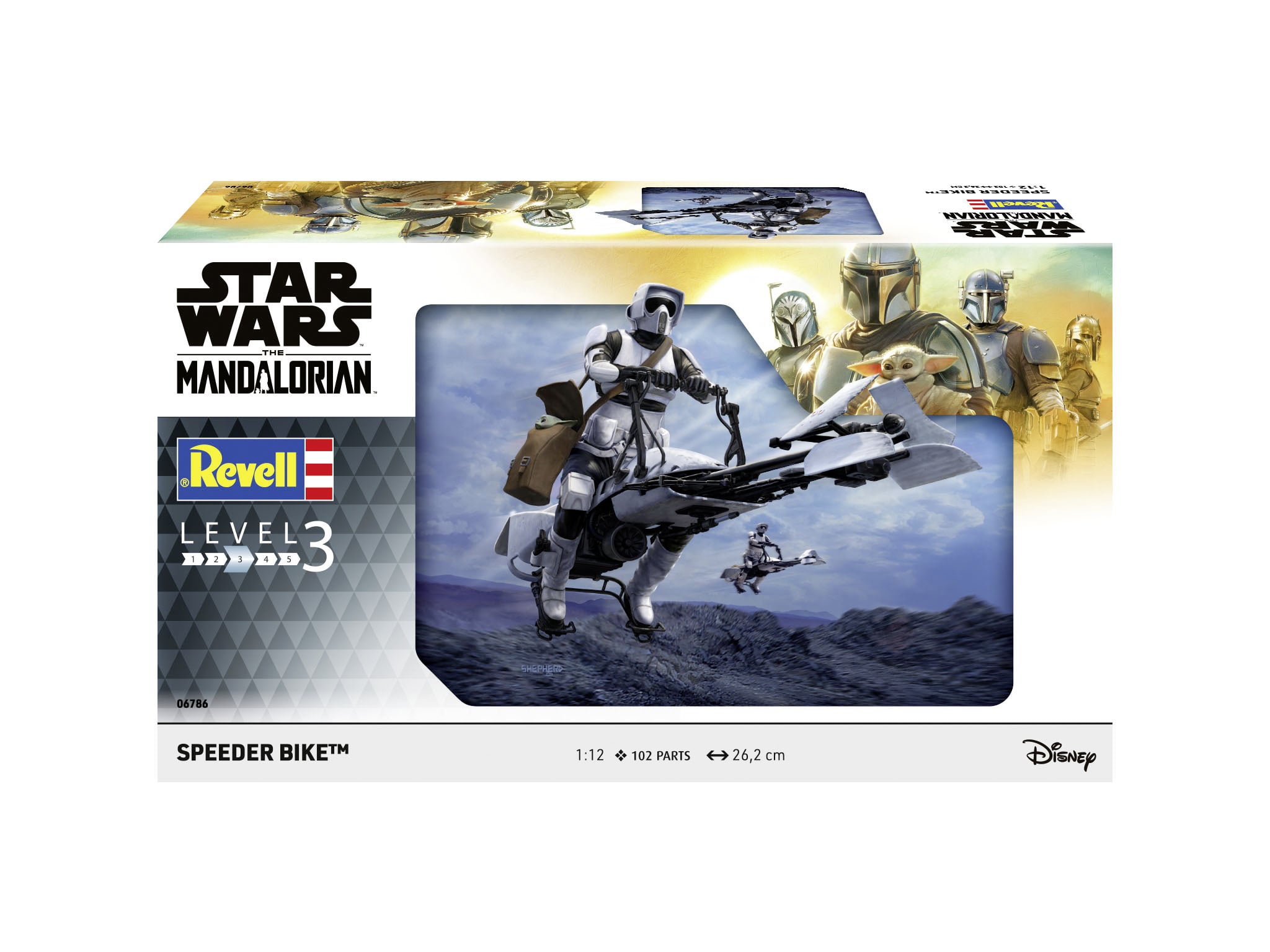 'Star Wars Mandalorian' Modellbausatz von Revell, Level 3, zeigt einen Speeder Bike vor einer Berglandschaft. Enthält 902 Teile.