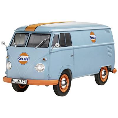 Ein hellblauer Retro-Lieferwagen mit Gulf-Logo, seitliche Ansicht. Orange Akzente an Front und Rädern, Kennzeichen 'ML MS 77'.