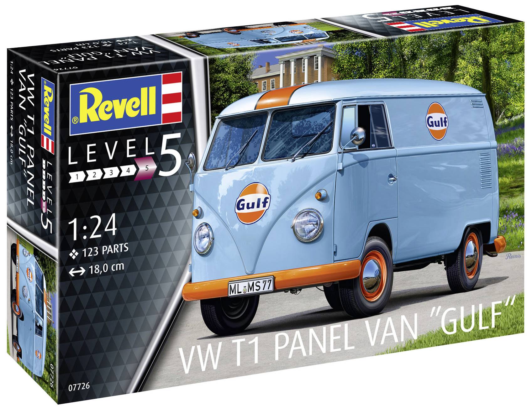 'VW T1 Panel Van "Gulf"' Modellbausatz von Revell, Maßstab 1:24, Level 5, 123 Teile, mit blauer Lackierung und Gulf-Logos.