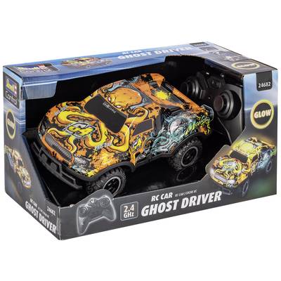 Spielzeug-RC-Auto 'Ghost Driver' in Verpackung, 2.4 GHz Fernsteuerung, orange mit schwarzen und grünen Grafiken, für Kinder.