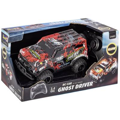 Spielzeug-RC-Auto 'Ghost Driver' in rot-schwarzer Verpackung mit Fernsteuerung und 2,4 GHz-Funktion, geeignet für Kinder.