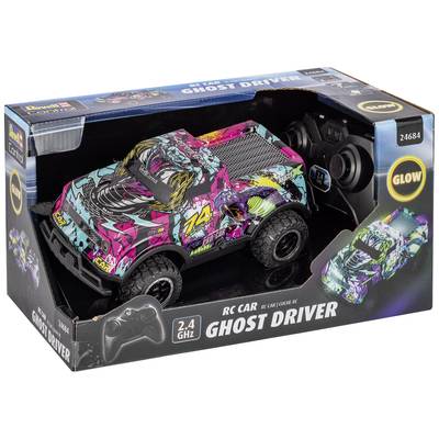 Spielzeugauto 'Ghost Driver' mit buntem Design in einer Verpackung. Enthält eine 2.4 GHz Fernsteuerung. Modellnummer 24684.